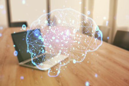 Double exposure of creative human brain microcircuit with computer on background. Future technology...