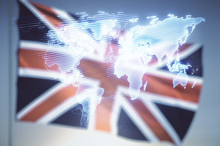 Abstract creative digital world map on British flag and sunset sky background, globalization concept. Multiexposureの写真素材