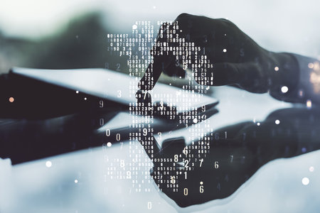 Creative Bitcoin concept with finger presses on a digital tablet on background. Double exposureの写真素材