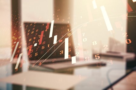 Abstract creative financial graph on modern laptop background, forex and investment concept. Multiexposureの写真素材