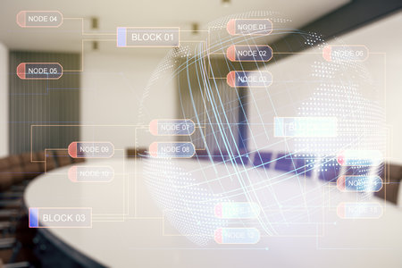 Double exposure of abstract programming language hologram and world map on a modern meeting room background, research and development conceptの写真素材