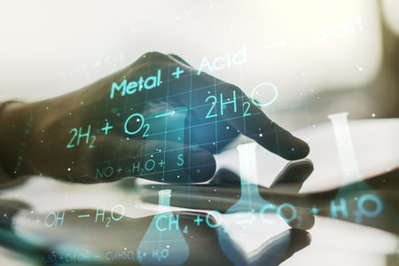 Creative chemistry hologram and hand working with a digital tablet on background, pharmaceutical...