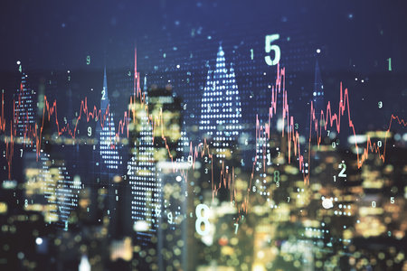 Multi exposure of virtual abstract financial diagram on blurry office buildings background, banking and accounting conceptの写真素材