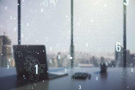 Abstract creative coding concept with world map and modern desktop with computer on background. Multiexposureの写真素材