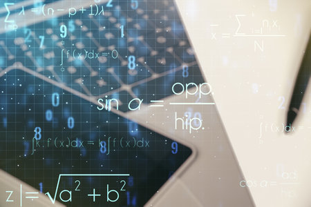 Creative scientific formula concept on modern laptop background. Multiexposureの写真素材