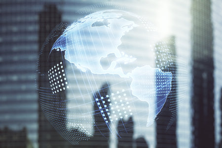 Double exposure of digital map of North America hologram on modern skyscrapers background, research and strategy conceptの写真素材
