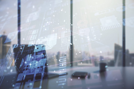 Multi exposure of abstract creative coding sketch and modern desktop with computer on background,...