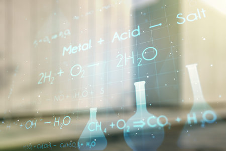 Creative chemistry hologram on contemporary business center exterior background, pharmaceutical...