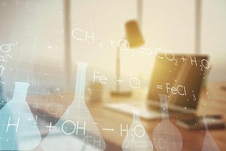Creative chemistry illustration on modern computer background, science and research concept. Multiexposureの写真素材