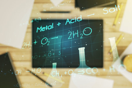 Creative chemistry hologram and modern digital tablet on background, pharmaceutical research...