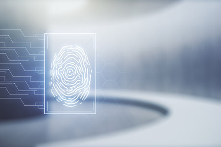 Multi exposure of virtual abstract fingerprint illustration on abstract empty interior background, digital access conceptの写真素材