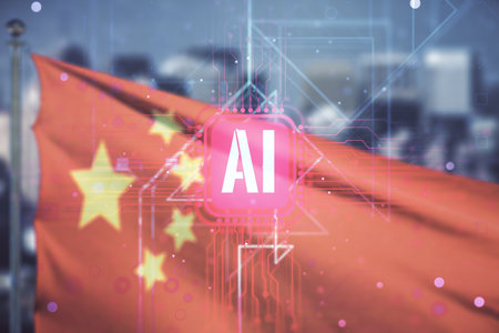 Abstract virtual artificial Intelligence symbol hologram on flag of China and blurry cityscape background. Multiexposureの写真素材