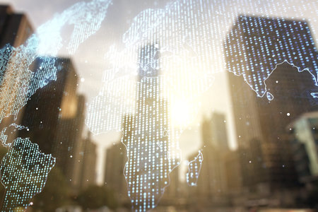 Double exposure of abstract digital world map on modern skyscrapers background, research and...