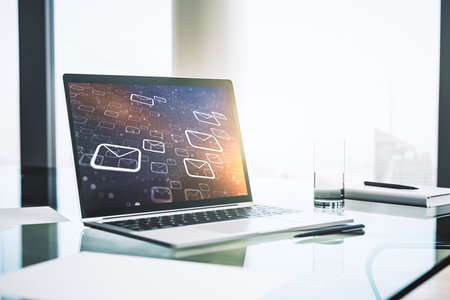 Creative concept of postal envelopes illustration on modern laptop screen. Email and communications concept. 3D Renderingの写真素材