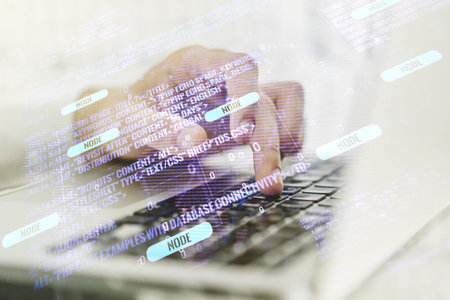 Multi exposure of abstract software development hologram with world map and hands typing on computer...