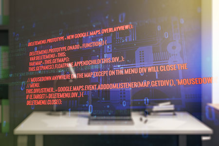 Multi exposure of abstract creative coding sketch and modern desktop with computer on background, artificial intelligence and neural networks conceptの写真素材