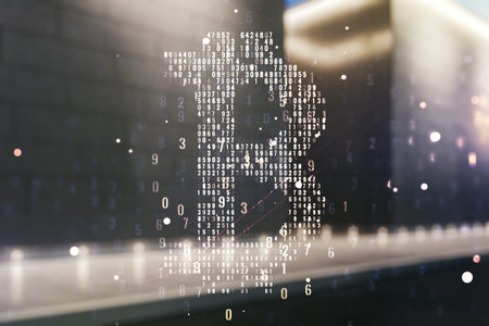 Double exposure of creative Bitcoin symbol hologram on contemporary business center exterior...