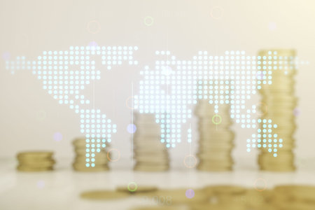 Multi exposure of abstract creative digital world map hologram on growing stacks of coins...