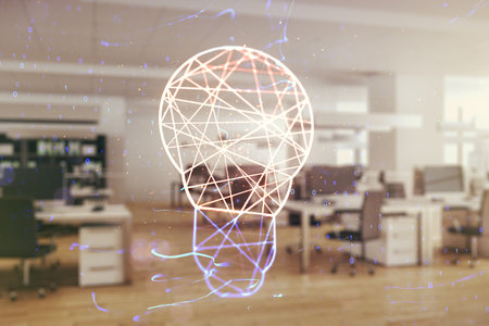 Abstract virtual light bulb hologram on a modern furnished office interior background, idea concept. Multiexposureの写真素材