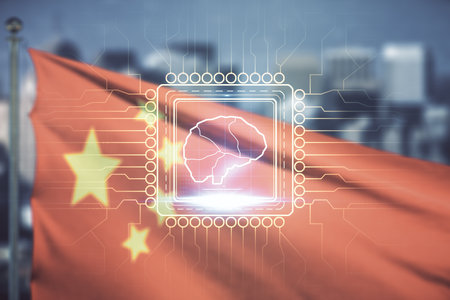 Virtual creative artificial Intelligence hologram with human brain sketch on flag of China and blurry skyscrapers background. Multiexposureの写真素材
