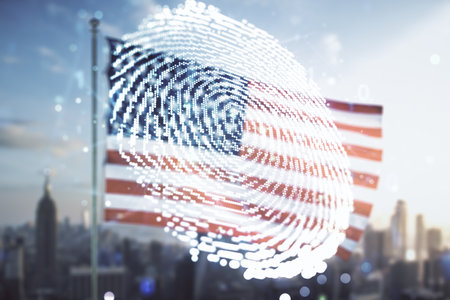 Multi exposure of virtual abstract fingerprint illustration on USA flag and blurry cityscape background, digital access conceptの写真素材