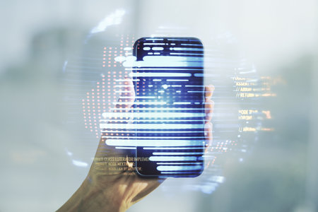 Double exposure of abstract programming language hologram with world map and hand with cell phone on background, research and development conceptの写真素材