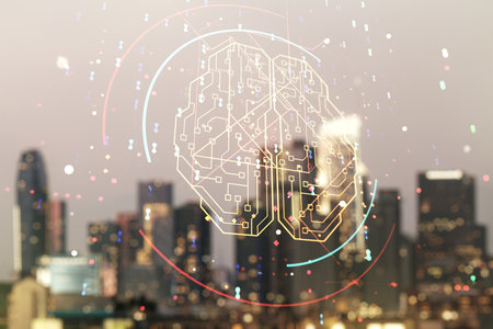Virtual creative artificial Intelligence hologram with human brain sketch on blurry skyscrapers background. Double exposureの写真素材