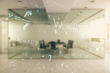 Scientific formula hologram on a modern furnished office interior background, research concept. Multiexposureの写真素材