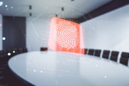 Multi exposure of virtual fingerprint scan interface on a modern furnished office interior background, digital access conceptの写真素材