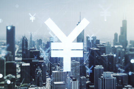 Abstract virtual Japanese Yen symbol sketch on Chicago office buildings background, strategy and forecast concept. Multiexposureの写真素材