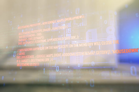 Multi exposure of abstract creative coding sketch on blurry modern office building background,...