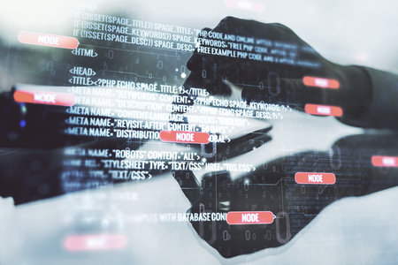 Multi exposure of abstract creative coding sketch and finger presses on a digital tablet on background, artificial intelligence and neural networks conceptの写真素材