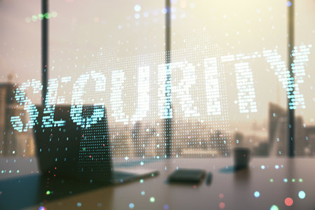 Cyber security creative concept and modern desktop with computer on background. Double exposureの写真素材