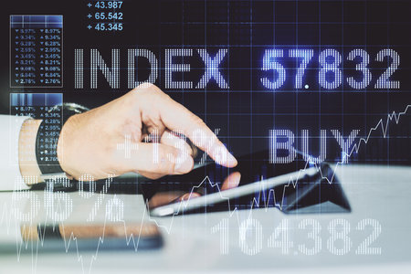 Multi exposure of abstract creative financial chart with finger presses on a digital tablet on background, research and analytics conceptの写真素材