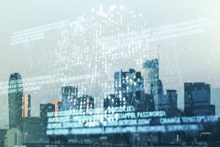 Abstract virtual code skull illustration on Los Angeles skyline background. Hacking and phishing...
