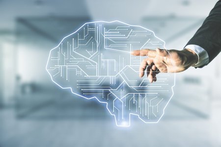 Double exposure of man hand presses on creative artificial Intelligence interface on blurred office...