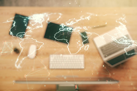 Multi exposure of abstract graphic world map on modern computer background, big data and networking conceptの写真素材