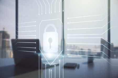 Creative lock sketch with chip hologram and modern desk with computer on background, protection of personal data concept. Multiexposureの写真素材