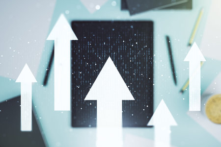 Creative concept of upward arrows illustration and modern digital tablet on background, top view....
