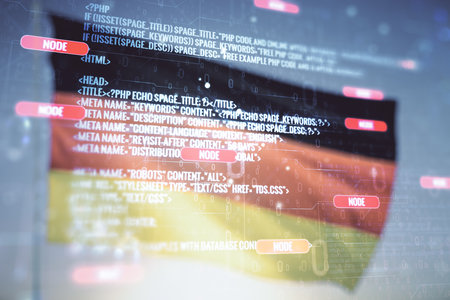 Abstract virtual coding concept on flag of Germany and sunset sky background. Multiexposureの写真素材
