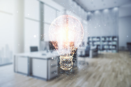Virtual Idea concept with light bulb illustration on a modern furnished office background. Multiexposureの写真素材