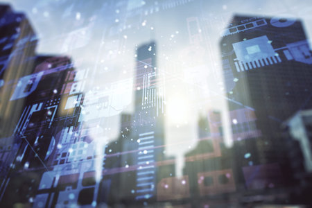 Multi exposure of abstract graphic coding sketch on modern architecture background, big data and...