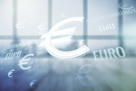 Virtual EURO symbols sketch on empty room interior background, strategy and forecast concept. Multiexposureの写真素材