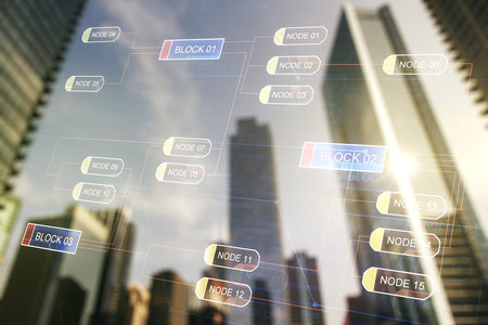 Double exposure of abstract creative programming illustration on blurry cityscape background, big data and blockchain conceptの写真素材