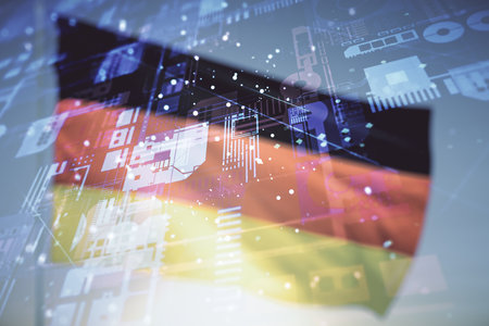 Abstract virtual coding illustration on German flag and sunset sky background, software development concept. Multiexposureの写真素材