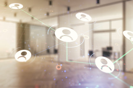 Abstract virtual social network hologram on a modern furnished classroom background. Double exposure