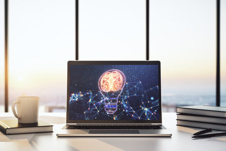Creative idea concept with light bulb and human brain illustration on modern laptop screen. Neural networks and machine learning concept. 3D Renderingの写真素材