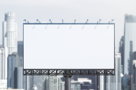 Blank white horizontal billboard on cityscape background at daytime, front view. Mockup, advertising conceptの写真素材