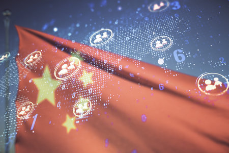 Double exposure of social network icons interface and world map on flag of China and blue sky background. Networking conceptの写真素材