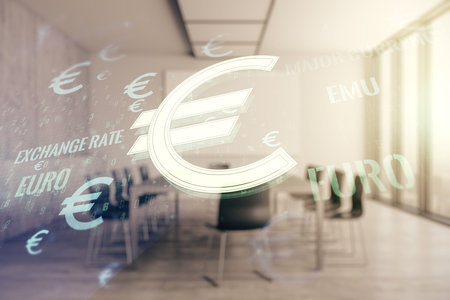 Virtual EURO symbols sketch on a modern boardroom background, strategy and forecast concept. Multiexposureの写真素材